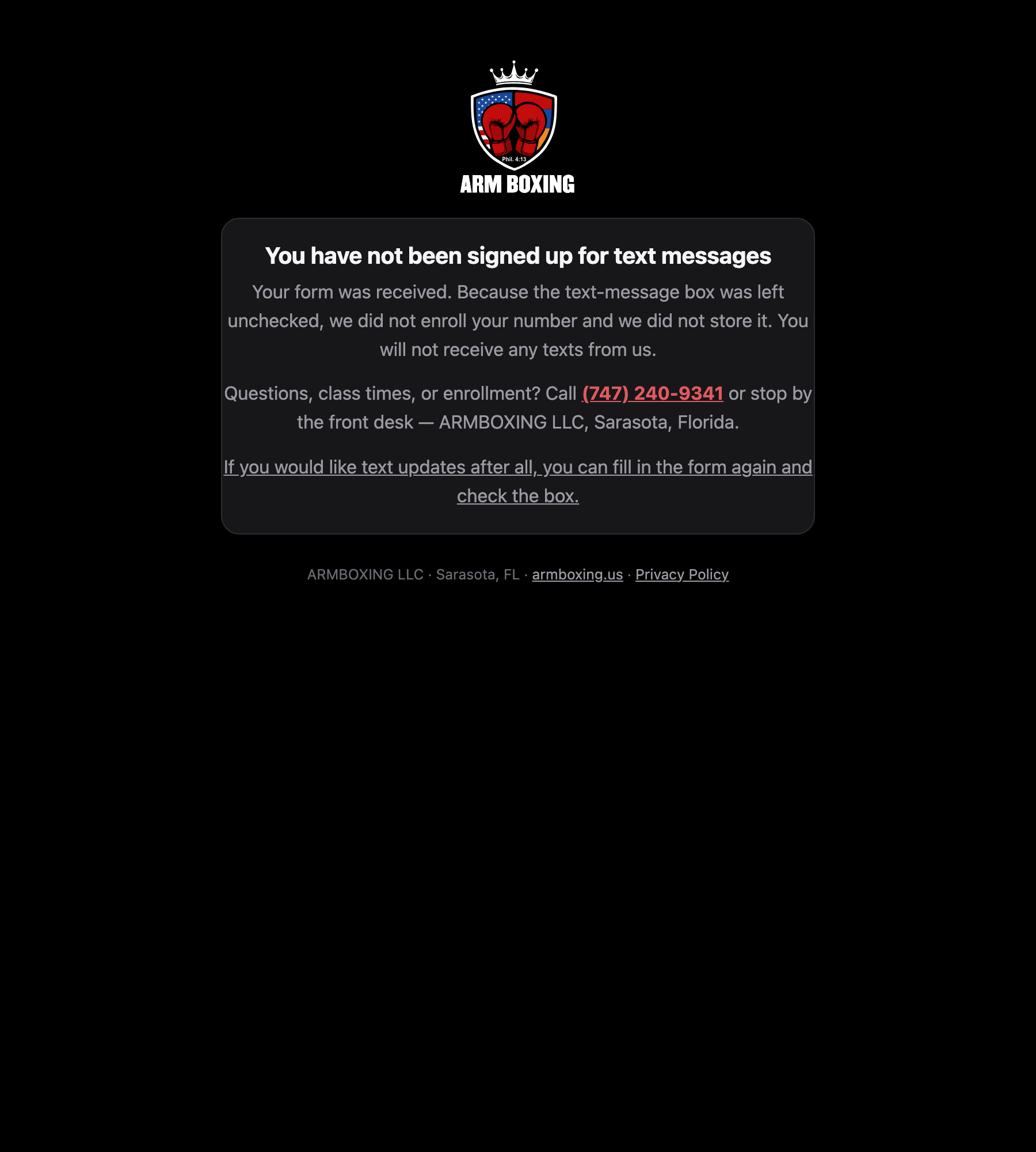 Screenshot of the confirmation page shown after submitting the form without consenting