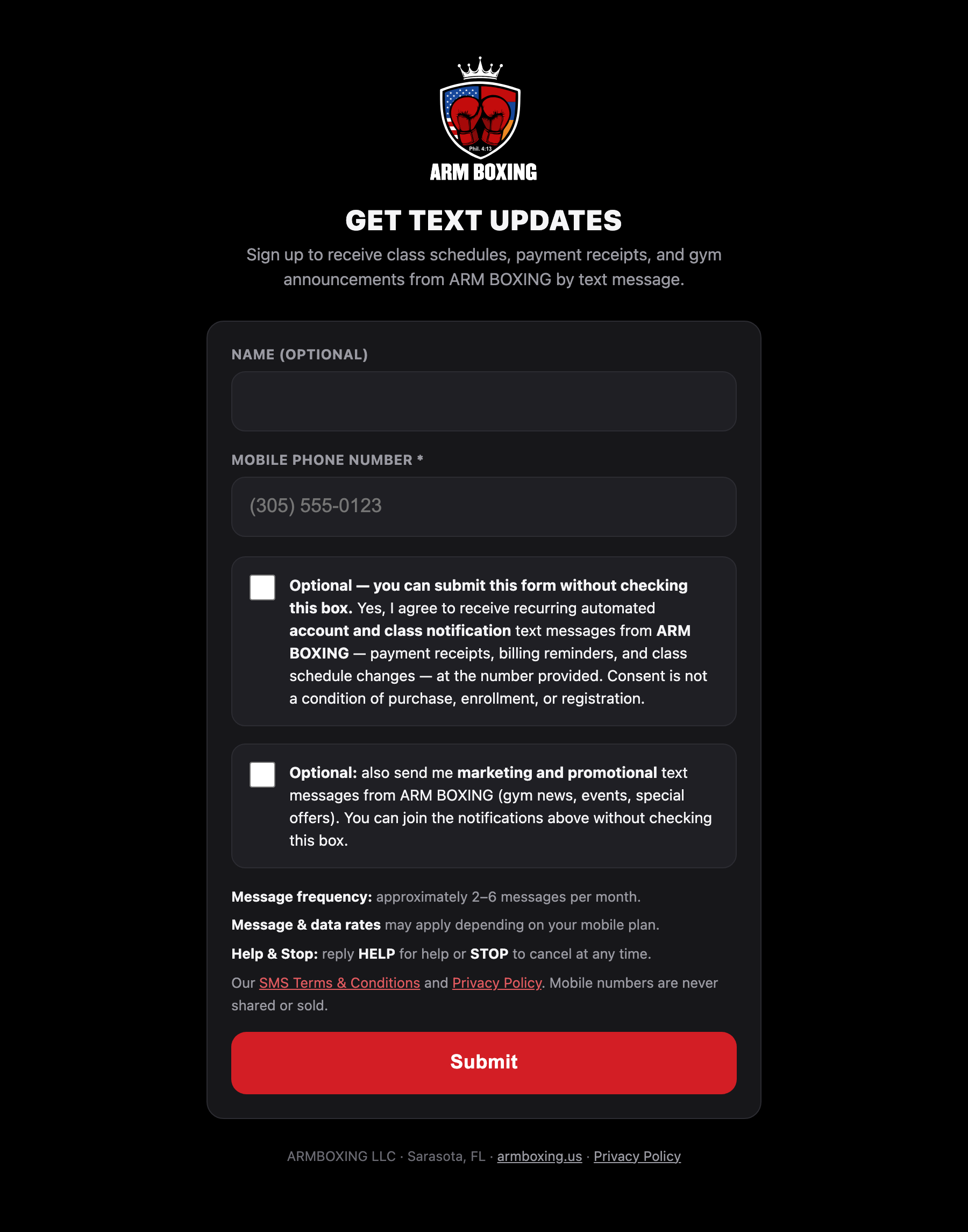 Screenshot of the armboxing.us/signup form with the SMS consent checkbox unchecked